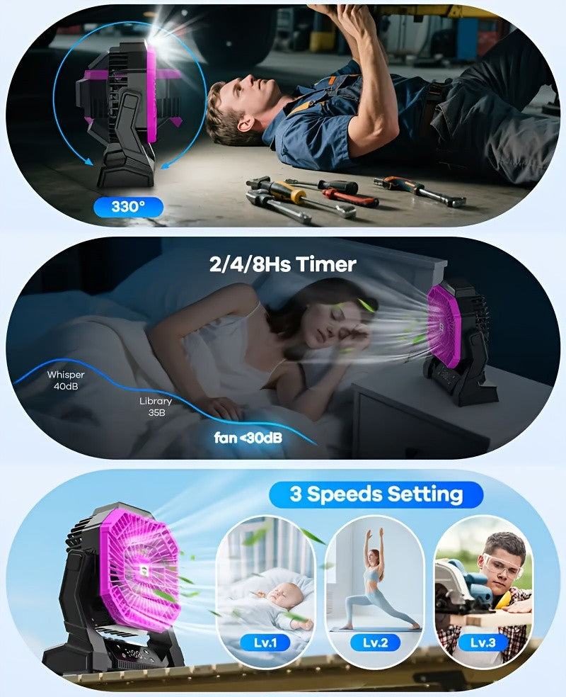 20000mAh USB Rechargeable Compact Fan with LED Light, Digital Display & Emergency Charging – Tent Hook Included, Portable Fan for Camping, Office, Gym & Home