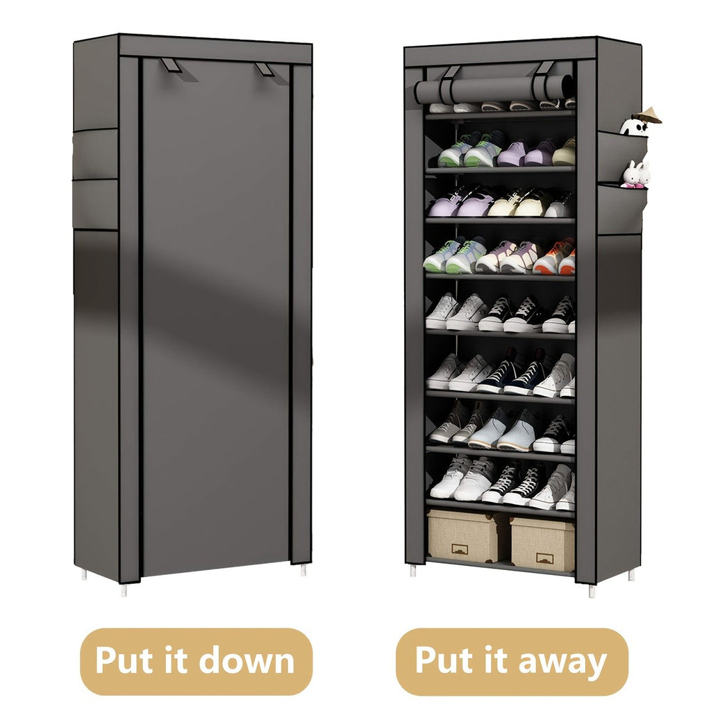 Shoe Organizer Cabinet with Cover – 6/8/10 Tier Nonwoven Fabric Shoe Storage Shelf for 27-35 Pairs, Portable Shoe Rack for Entryway, Closet, Bedroom (Dark Gray)