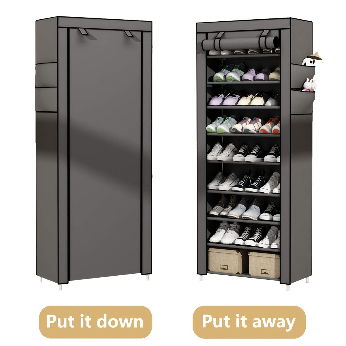 Shoe Organizer Cabinet with Cover – 6/8/10 Tier Nonwoven Fabric Shoe Storage Shelf for 27-35 Pairs, Portable Shoe Rack for Entryway, Closet, Bedroom (Dark Gray)