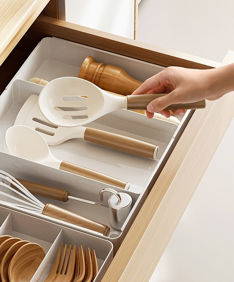 Expandable Kitchen Utensil Drawer Organizer Tray with Adjustable Dividers – Multiple Compartments for Forks, Spoons, Knives & Chopsticks, Durable Plastic, Extra Large 4-Direction Extension for Home Kitchen