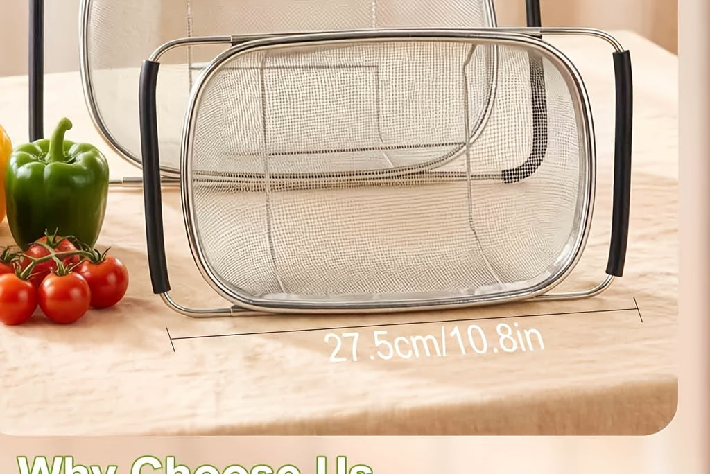 Expandable Over-the-Sink Stainless Steel Colander Strainer Basket – Fine Mesh with Rubber Grip for Draining Vegetables, Fruits & Pasta, Adjustable Sink Strainer, Small or Large