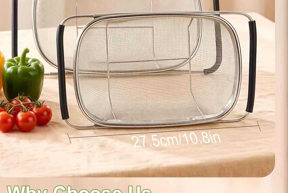 Expandable Over-the-Sink Stainless Steel Colander Strainer Basket – Fine Mesh with Rubber Grip for Draining Vegetables, Fruits & Pasta, Adjustable Sink Strainer, Small or Large
