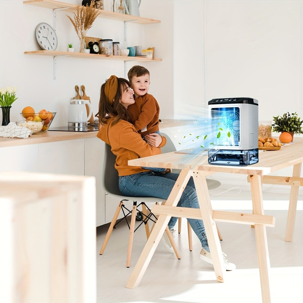 Fan Humidifier Combo USB Desk Mist Fan with Colorful LED Mood Lights Soundwave Technology 3-Speed Quiet Cooling Large Ice Box Carrying Handle Home Office Bedroom Gift
