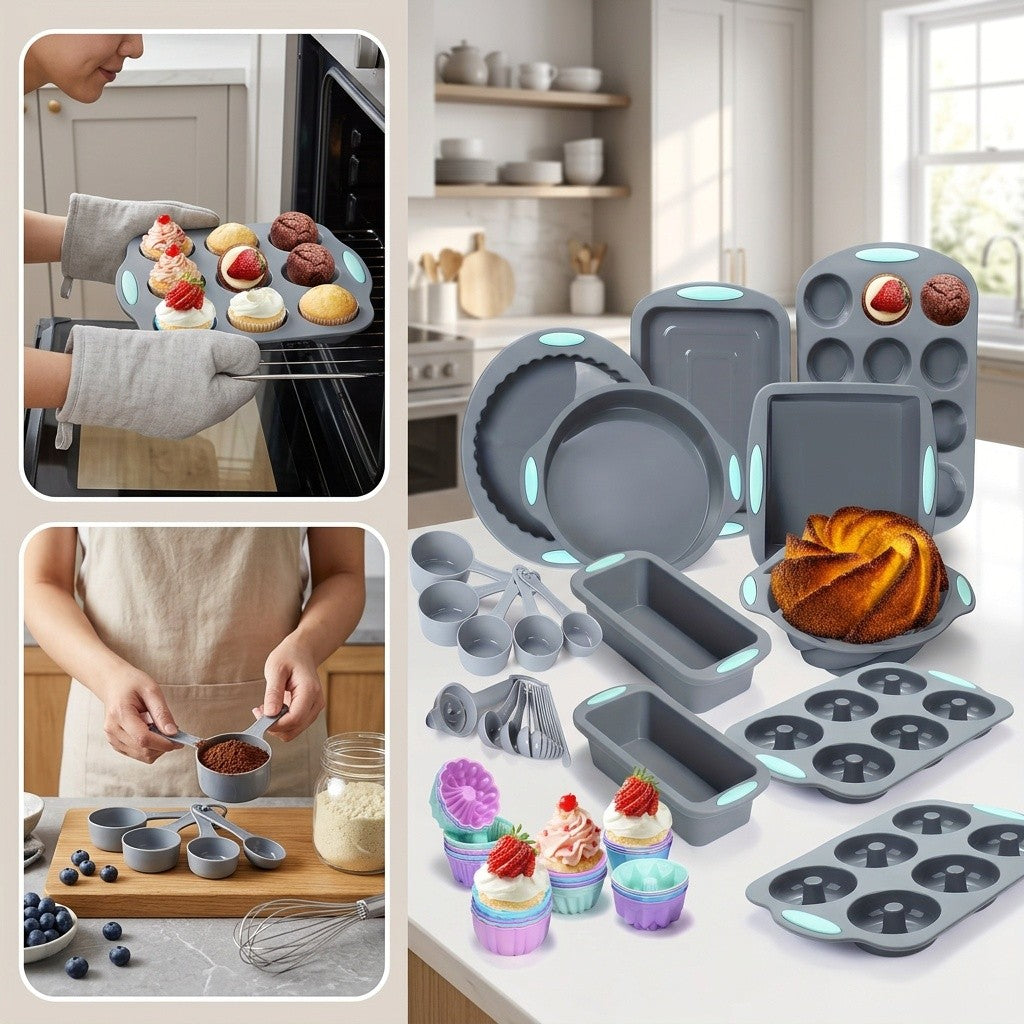 Silicone Bakeware Set 46 & 51 Piece Non-Stick Oven Baking Pans with Muffin Pan Cake Mold Donut Loaf Pan Baking Cups & Measuring Cups Spoons