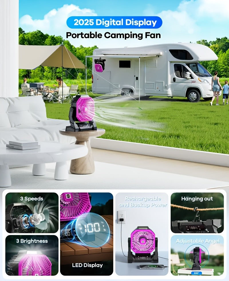 20000mAh USB Rechargeable Compact Fan with LED Light, Digital Display & Emergency Charging – Tent Hook Included, Portable Fan for Camping, Office, Gym & Home