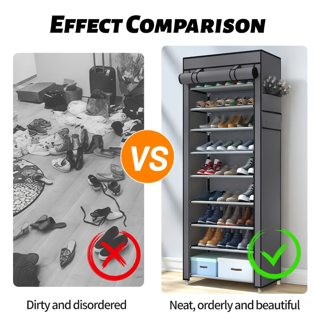 Shoe Organizer Cabinet with Cover – 6/8/10 Tier Nonwoven Fabric Shoe Storage Shelf for 27-35 Pairs, Portable Shoe Rack for Entryway, Closet, Bedroom (Dark Gray)