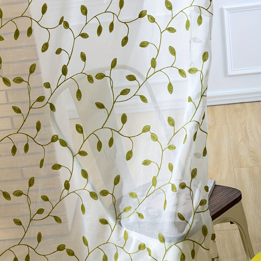Ivy Leaf Embroidery Sheer Curtains Set of 2, White Gauze Green Botanical Rod Pocket Panels for Living Room Bedroom, 3 Sizes