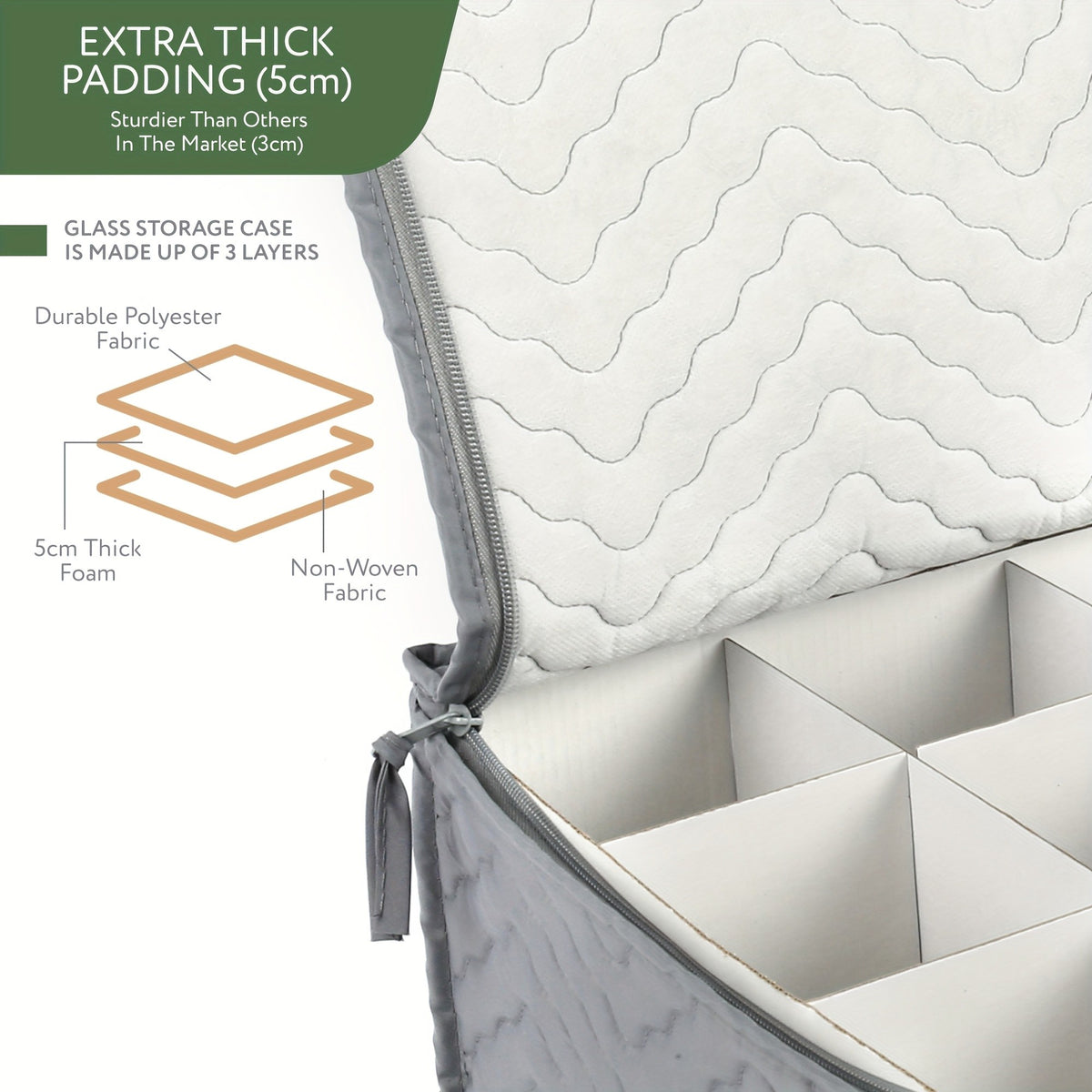 Quilted Stemware Storage Case 12-Compartment Wine Glass Storage Box with Dividers Collapsible 15.5x12.5x10in – Gray