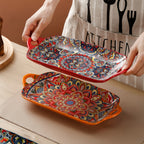 4-Piece Bohemian Ceramic Double-Ear Rectangular Fish Plate Set – Decorative Serving Platter & Baking Tray for Pasta, Steak, Sushi, Salad & Western Cuisine