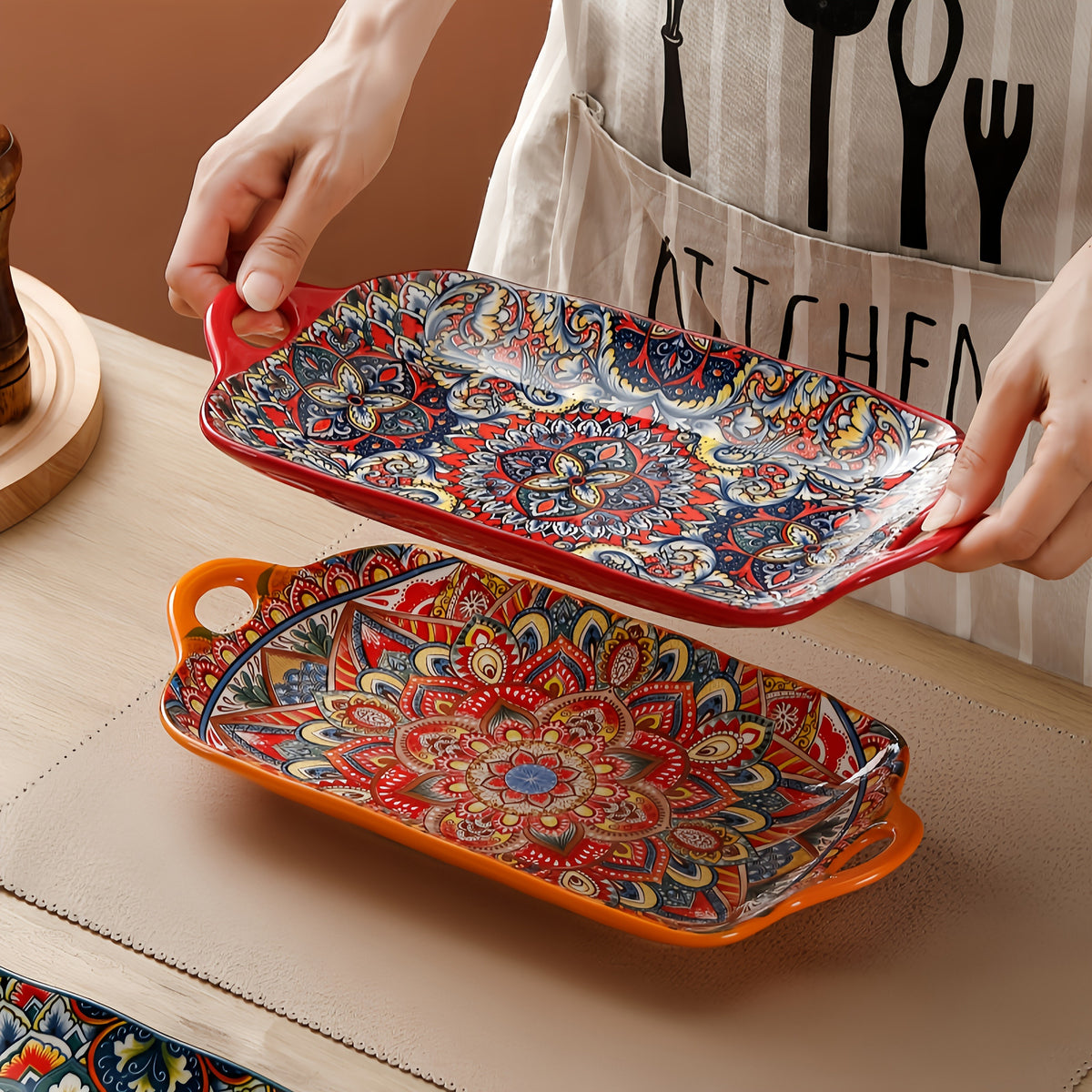 4-Piece Bohemian Ceramic Double-Ear Rectangular Fish Plate Set – Decorative Serving Platter & Baking Tray for Pasta, Steak, Sushi, Salad & Western Cuisine