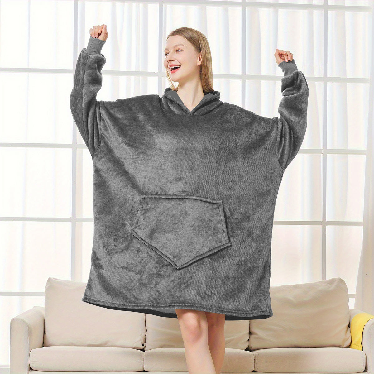 Hoodie Wearable Blanket for Men & Women – Thick Flannel Oversized Sweatshirt Blanket with Pockets, Soft Cozy Warm Winter Lounge Wrap for Adults