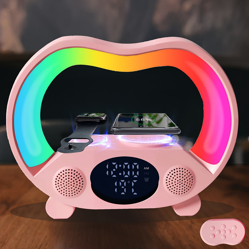 RGB Night Light 6 in 1 Wireless Speaker Alarm Clock Wireless Charging Phone Watch Temperature Display Bedroom Teen Gift Halloween Christmas Decor Black White