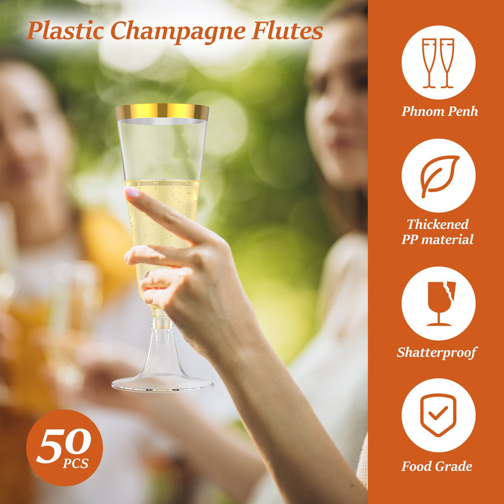 Plastic Champagne Flutes 50 Pack Gold Rim Shatterproof Reusable Wedding Party Glasses 5oz Clear PP Toasting Flute Set for Weddings Parties Buffets