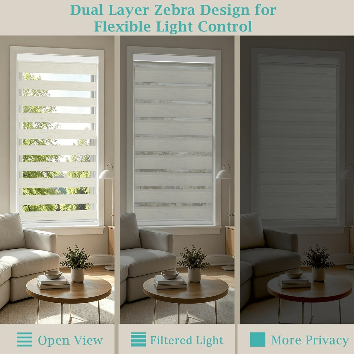 Cordless Zebra Blinds Day Night Dual Layer Window Shades for Home & Office – Free Stop Light Control, Easy Install, 4 Colors & Custom Widths