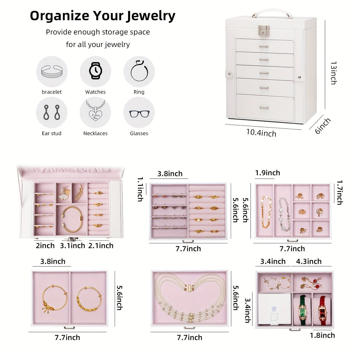 Jewelry Box with Lock & Mirror, Large 6-Tier Jewelry Case with 5 Drawers, Lockable Jewelry Storage Organizer for Women, Girls & Loved Ones — Jewelry Armoire Gift