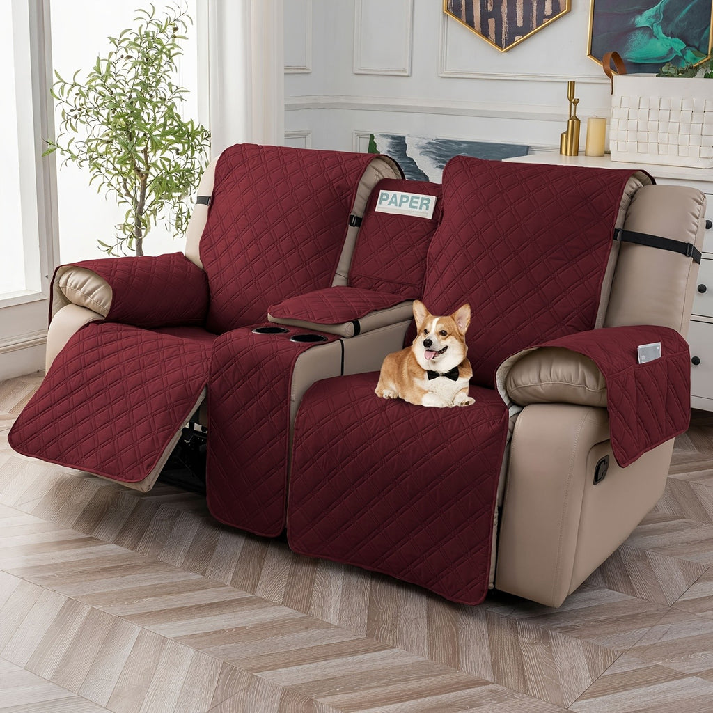 Recliner Loveseat Cover with Console 4-Piece Chenille Quilted Waterproof Slipcover | Non-Slip Pet Scratch Resistant Sofa Protector with Cup Holder Pocket, 9 Colors