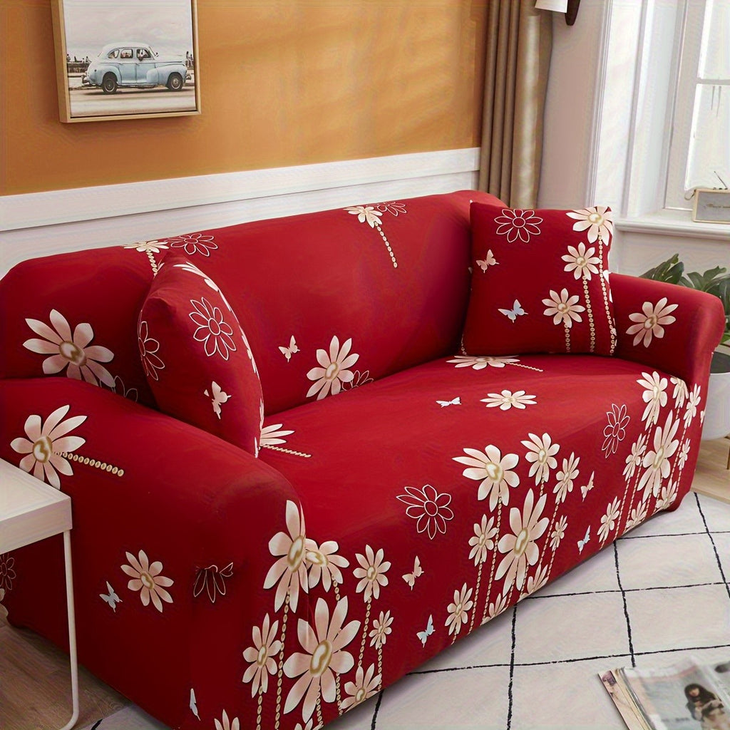 Stretch Sofa Cover Digital Print Floral – High-Stretch Polyester Non-Slip Machine Washable Telescopic Slipcover for 1 2 3 4 Seater Sofas, Contemporary Furniture Protector for Home & Office