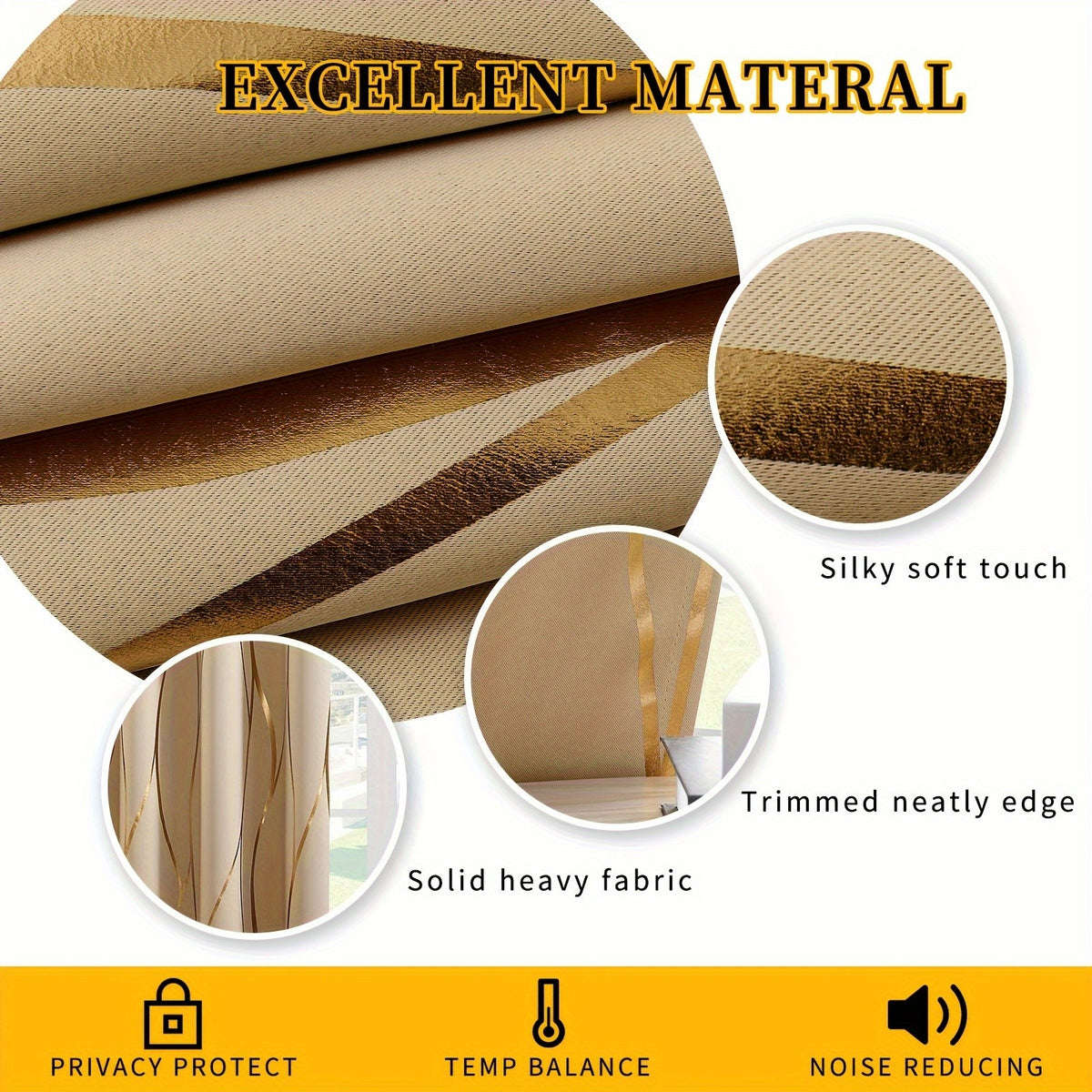 Blackout Curtains Glam Style 2 Panels - Grommet Top Room Darkening Drapes with Gold Foil Wave Pattern, Thickened Polyester Heat Insulation for Living Room & Bedroom