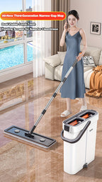 Dual-Bucket Flat Mop and Bucket System with 2025 Floating Scraper – Wash & Dry Separation, Widened Mop Head, Stainless Steel Rod & 4/6 Washable Microfiber Pads for Hardwood, Tile & Wall
