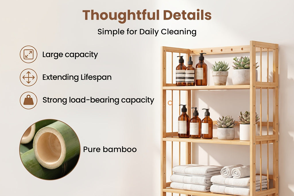 Bamboo Bookshelf Narrow 4 or 5 Tier Adjustable Shelves – Natural Wooden Bookcase Standing Storage Shelf Organizer for Small Spaces, Bedroom, Living Room & Home Office
