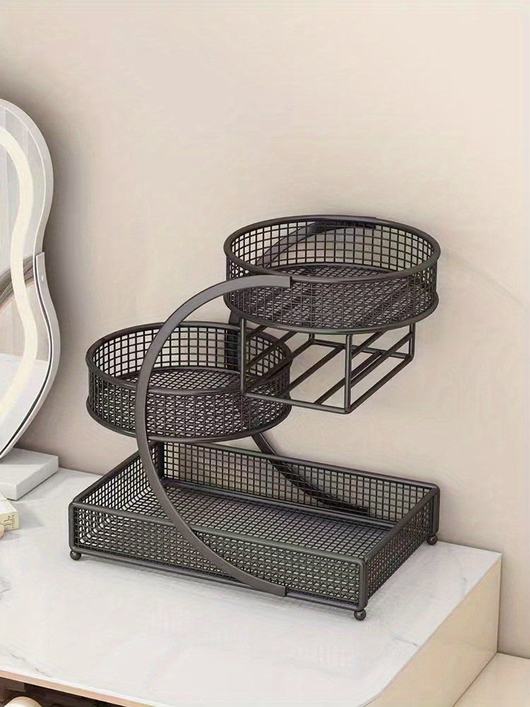 3-Tier Metal Cosmetic Organizer with Tissue Box Holder – No-Install Bathroom Countertop & Dressing Table Storage Rack, Lightweight