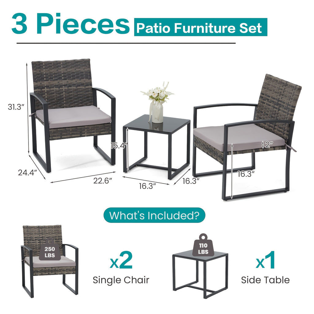 Rattan Bistro Set 3 Piece Outdoor Furniture with Coffee Table Steel Frame Cushions Garden Balcony Poolside Backyard Black Brown Gray