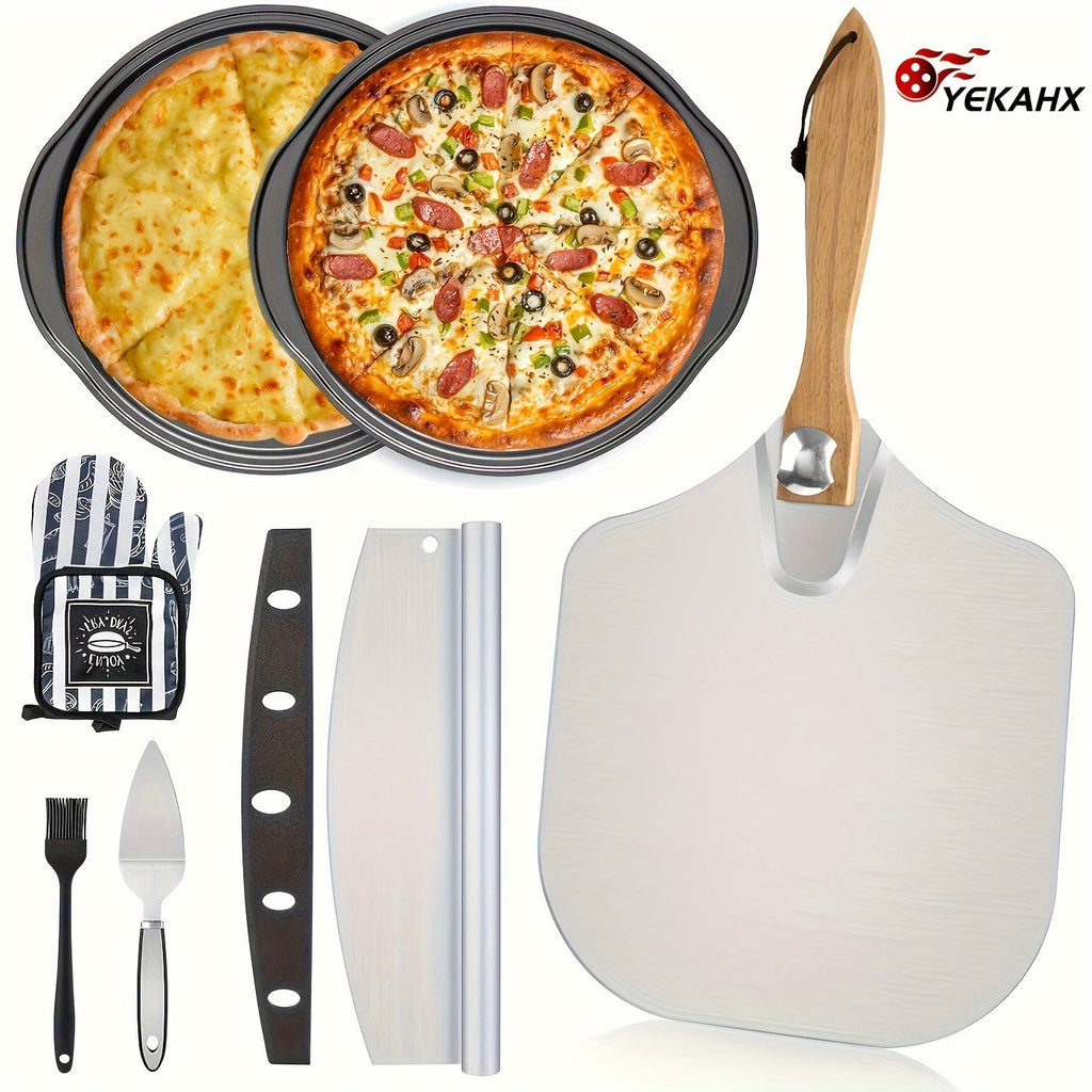 Pizza Making Set 7 or 8pcs – Aluminum Pizza Peel, Carbon Steel Pan, Rocker Cutter, Pie Server, Silicone Brush & Oven Mitts, Complete Pizza Tools for Oven & Grill