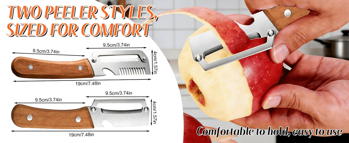 Vegetable Peeler Set 4-Piece Wooden Handle Stainless Steel Wide Blade – 3-in-1 Peeler Shredder & Bottle Opener for Potato Carrot, Kitchen Camping Travel Holiday Banquet Tool