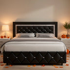 Upholstered Bed Frame with Diamond Tufted Headboard & Footboard – Faux Leather, Wooden Slats, No Box Spring Needed | Twin Full Queen King