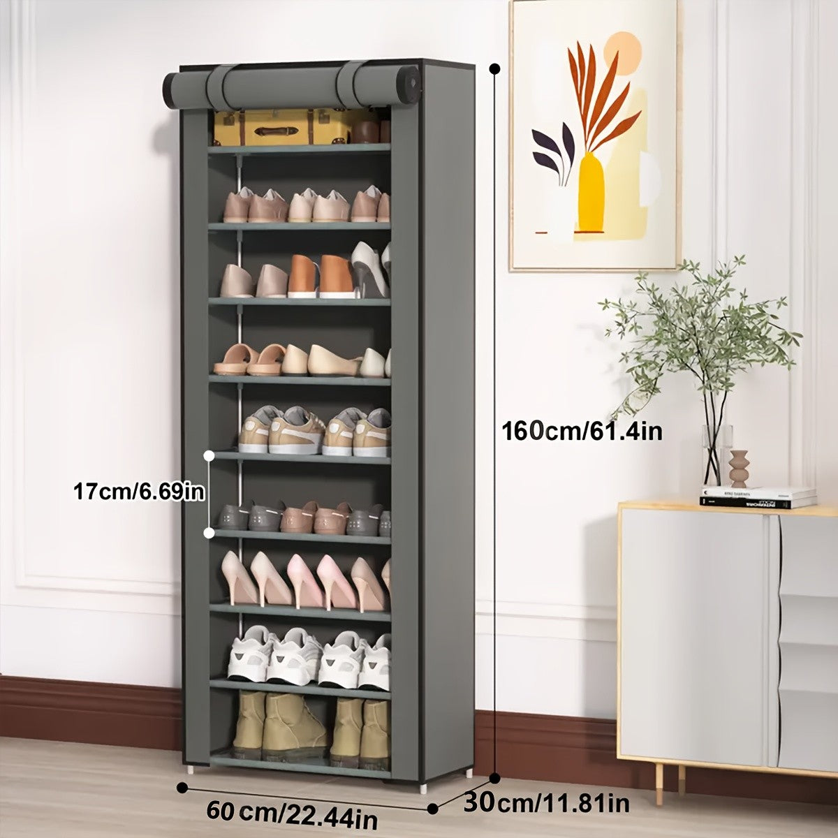 Shoe Organizer Cabinet with Cover – 6/8/10 Tier Nonwoven Fabric Shoe Storage Shelf for 27-35 Pairs, Portable Shoe Rack for Entryway, Closet, Bedroom (Dark Gray)