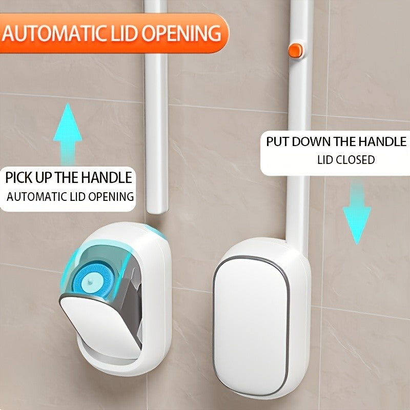 Disposable Toilet Brush Holder Wall Mounted with 6 Refill Heads & Scrubbing Solution – No-Touch Bathroom Cleaning Wand Set, White