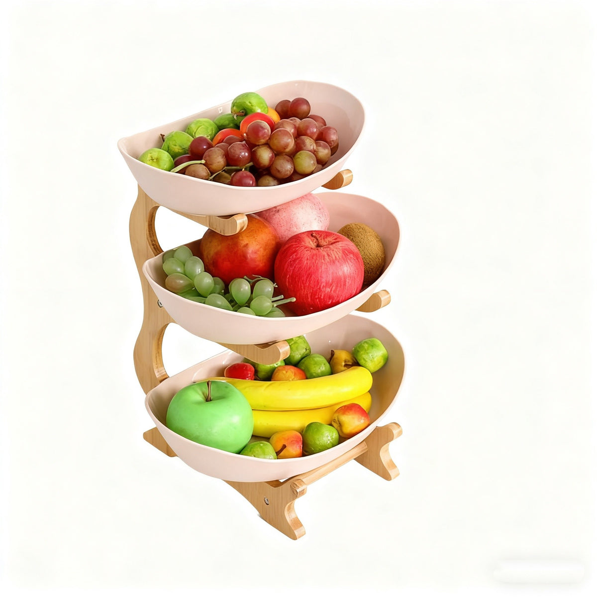 Stackable Tiered Fruit Plate with Wood-Look Design, 2 or 3 Tier Plastic Serving Tray Stand for Snacks, Bread & Fruit, Space-Saving Living Room Kitchen Countertop Organizer, Easy to Assemble