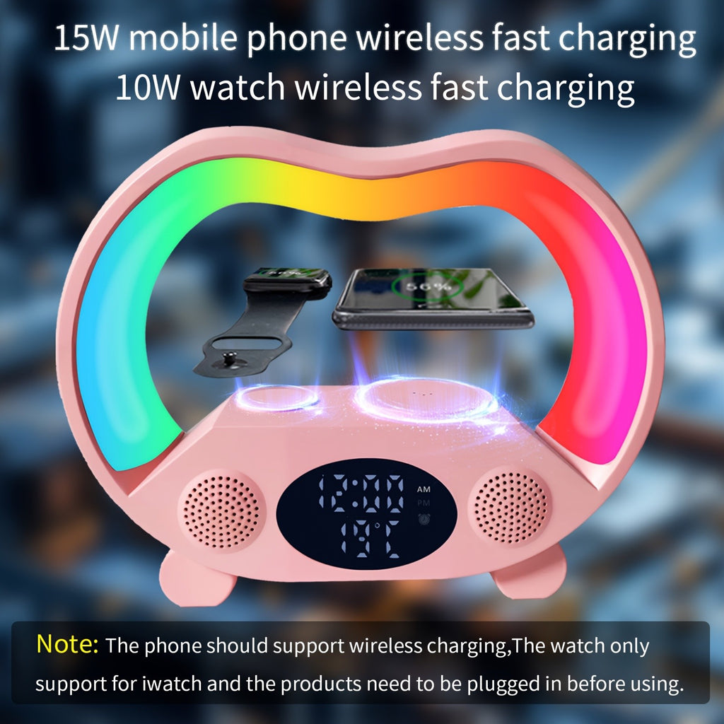 RGB Night Light 6 in 1 Wireless Speaker Alarm Clock Wireless Charging Phone Watch Temperature Display Bedroom Teen Gift Halloween Christmas Decor Black White