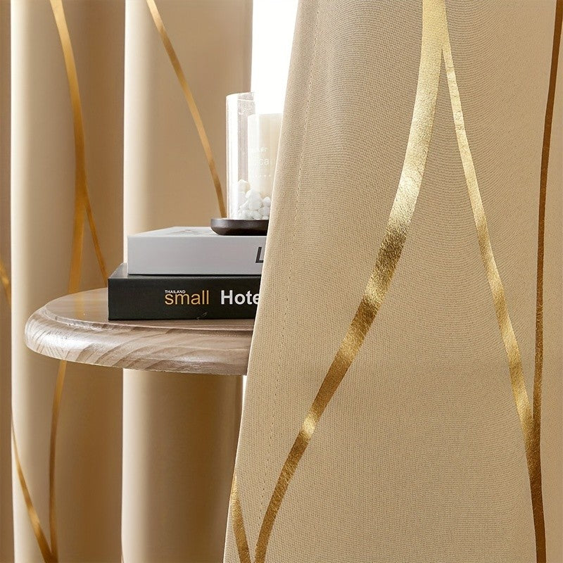 Blackout Curtains Glam Style 2 Panels - Grommet Top Room Darkening Drapes with Gold Foil Wave Pattern, Thickened Polyester Heat Insulation for Living Room & Bedroom