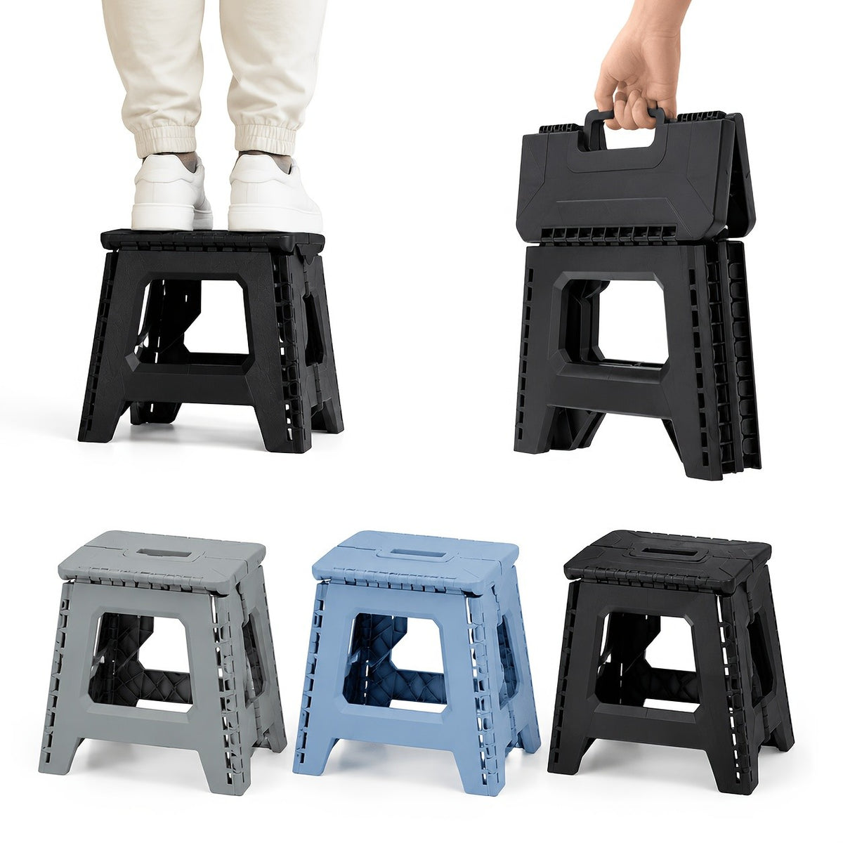 Heavy-Duty Portable Folding Stool 330 LBS Capacity – Compact Square Plastic Step Stool for Camping, Fishing, Picnic, Indoor & Outdoor Use (Black, Grey, Blue)