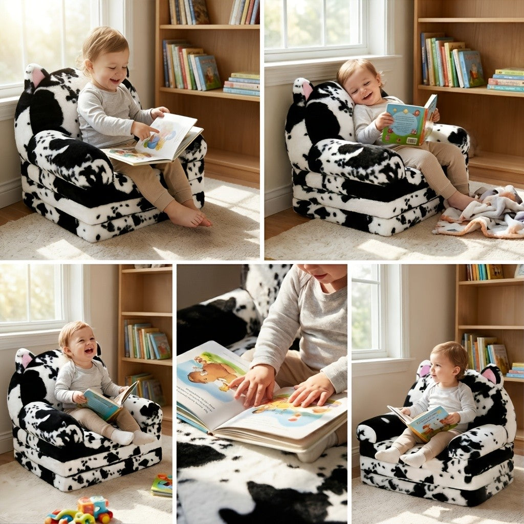 Flip-Open Kids Sofa Chair 2-in-1 with Removable Washable Cover – Soft Plush Animal Pattern Children's Lounger for Reading Nook, Playroom & Bedroom, Lightweight Comfy Seat for Boys & Girls, Koala, Cow Cat & Milk Cow