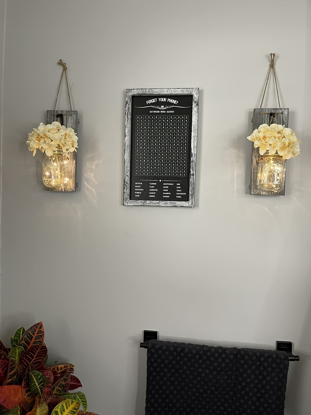 Mason Jar Wall Decor Set of 2 – Rustic Farmhouse Wall Sconces with Ivory Hydrangea Flowers & Light Fixture | Handmade Home Decor