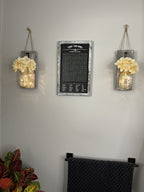 Mason Jar Wall Decor Set of 2 – Rustic Farmhouse Wall Sconces with Ivory Hydrangea Flowers & Light Fixture | Handmade Home Decor
