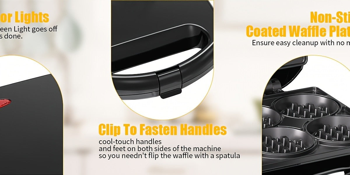 Mini Waffle Maker Makes 8 Bite-Size 2-Inch Waffles Dual Non-Stick Plates Cool Touch Handle Compact Family Breakfast Maker