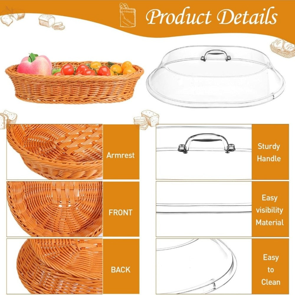 Oval Woven Rattan Bread Basket with Lid – Handcrafted Seagrass Food Basket for Serving, Storage & Display – Ideal for Bread, Fruit & Vegetables – Kitchen & Dining Decor, Tea & Beige