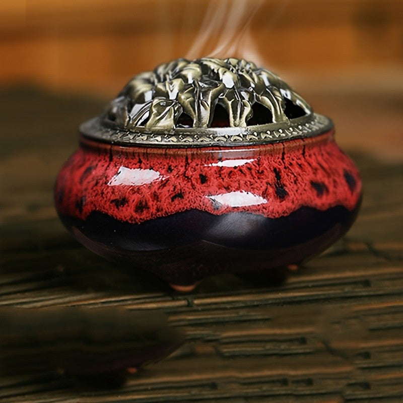 Ceramic Incense Holder Set 4pcs Large Kiln-Fired with Vintage Brass Lid & Fireproof Mat – Stick, Cone & Coil Incense Burner for Home Meditation, Zen Decor & Aromatherapy
