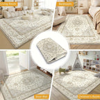 Plush Velvet Floral Geometric Area Rug 850 GSM Machine Washable Non-Slip Soft Beige Cream for Living Room Bedroom Office – Multiple Sizes