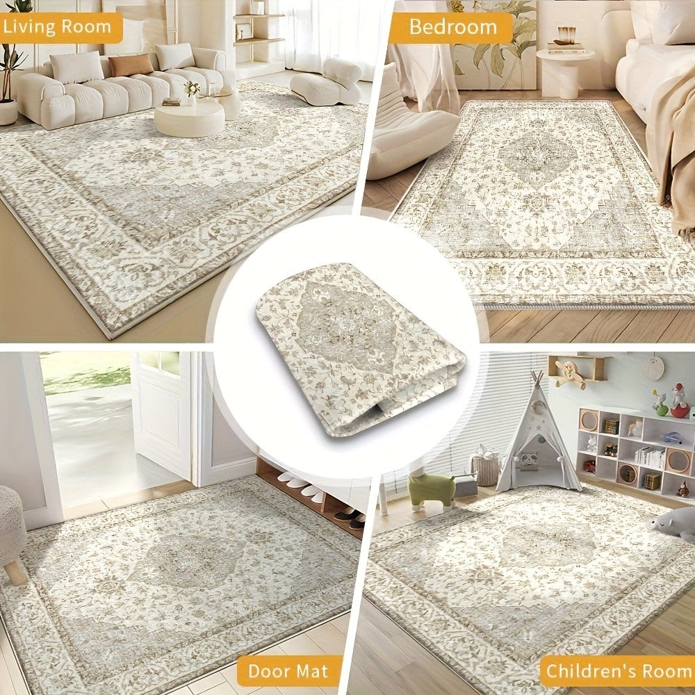 Plush Velvet Floral Geometric Area Rug 850 GSM Machine Washable Non-Slip Soft Beige Cream for Living Room Bedroom Office – Multiple Sizes