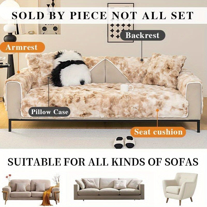 Gradient Faux Rabbit Plush Sofa Cover Non-Slip Furniture Protector – Armchair Loveseat 2 3 4 Seater Couch Cover, Armrest Backrest Pillow Case, 4 Colors 7 Sizes
