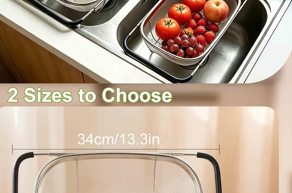 Expandable Over-the-Sink Stainless Steel Colander Strainer Basket – Fine Mesh with Rubber Grip for Draining Vegetables, Fruits & Pasta, Adjustable Sink Strainer, Small or Large