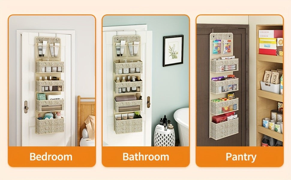 Over-The-Door Hanging Organizer – Set of 2, 5-Shelf with 4 Clear Plastic Pockets, Beige Utility Rack for Closet, Bedroom & Bathroom Storage