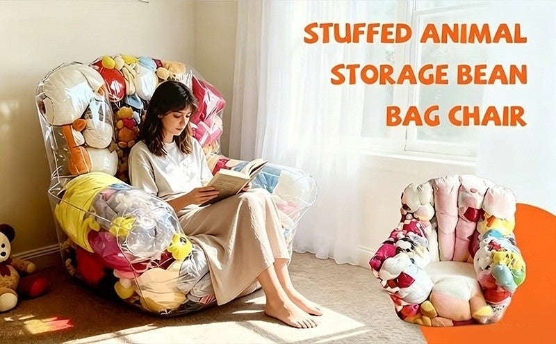 Stuffed Animal Storage Bean Bag Chair – Transparent PVC Plush Toy Organizer Sofa for Kids Room & Playroom, Large Capacity Doll Storage, Easy to Clean, Available in Round Bag & Sofa Styles