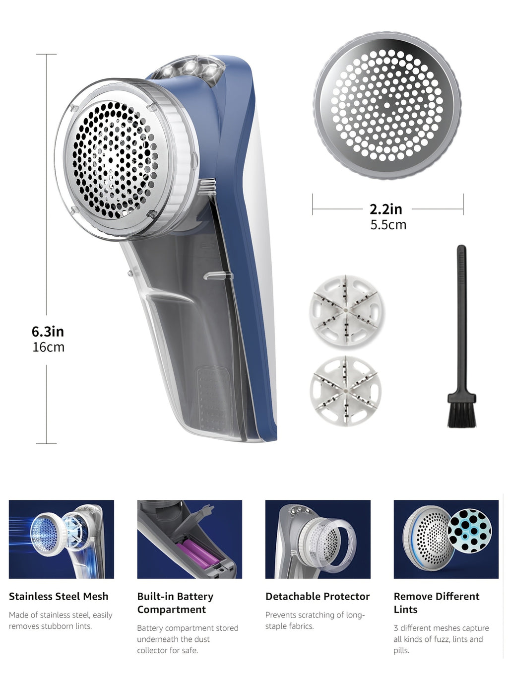 Electric Fabric Shaver Lint Remover Battery Operated Portable Lint Roller with LED Light 2 Replaceable Blades Pilling Remover for Clothes Sweaters Blankets Couch in Blue