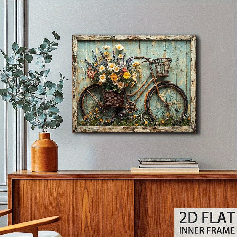 Shabby Chic Canvas Wall Art – Vintage Blooming Flower Country Landscape Painting with Wood Background, Farmhouse Pastoral Wall Decor for Living Room & Kitchen, High-Quality Print Wrap-Around Frame