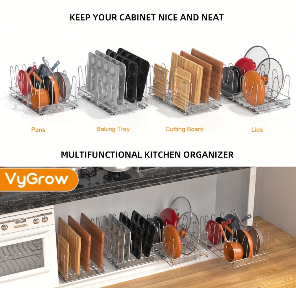 Pots & Pans Organizer Rack for Under Cabinet – 10 Adjustable Dividers, Pull-Out Chrome Steel, for Pot Lids, Cutting Boards & Bakeware, 11” W × 17.5” D × 8.3” H